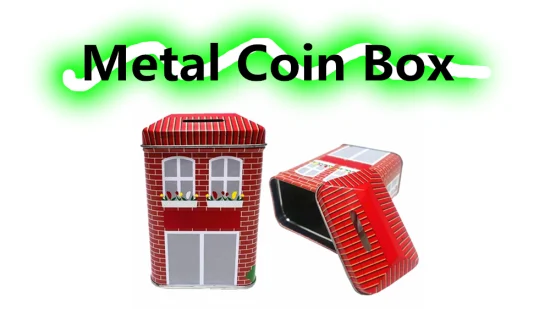 Caixa de folha de flandres em forma de casa personalizada de fábrica, banco de moedas, caixa de lata para economia de dinheiro para crianças
