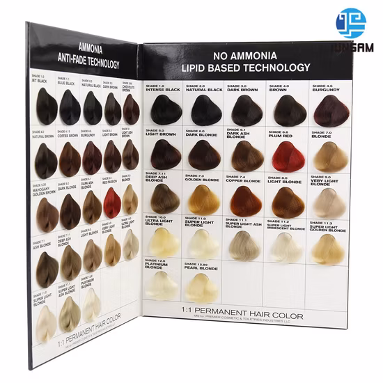 A apresentação sintética da cor do cabelo mostra o menu do catálogo do OEM da paleta da tintura do folheto